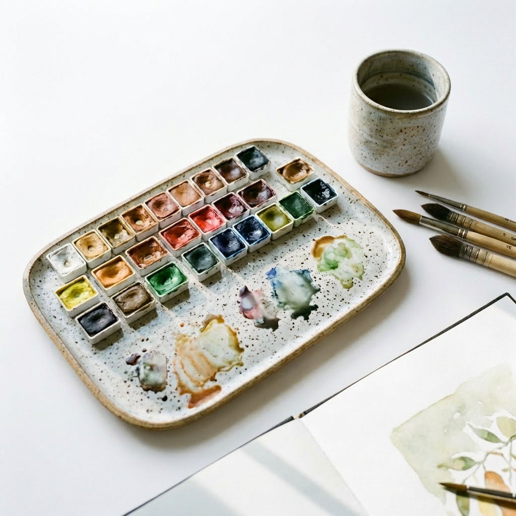 Ceramic watercolor palette, brushes, and botanical sketchbook on a wooden desk near a window.